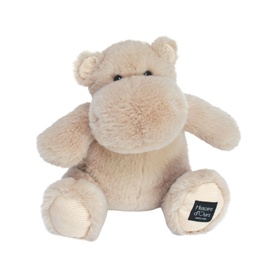 Dou Dou beige plush hippo soft toy, seated pose with corduroy textured feet and embroidered facial features