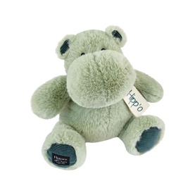 Dou Dou green plush hippo soft toy with corduroy ear and foot details, "Hippo" embroidered label, seated pose