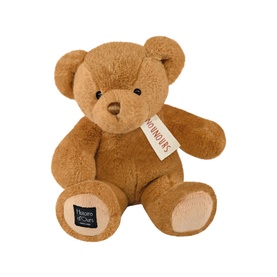 Dou Dou brown plush teddy bear, seated pose with tan paw pads, Harrods branded tag and label ribbon
