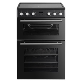 Powerpoint 60cm Double Oven Electric Cooker with Ceramic Hob in black, front view showing dual oven compartments and ceramic hob