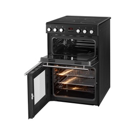 Powerpoint 60cm Double Oven Electric Cooker with Ceramic Hob in black, shown at angle with lower oven door open revealing lit interior