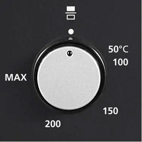Powerpoint 60cm Double Oven Electric Cooker temperature control knob, showing settings from 50&deg;C to MAX, on black finish