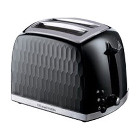 Russell Hobbs Honeycomb 2 Slice Toaster in black with embossed honeycomb texture, silver accents, and wide slots