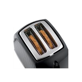 Russell Hobbs Honeycomb 2 Slice Toaster in black, close-up showing dual wide slots with chrome surround and toasting bread inside