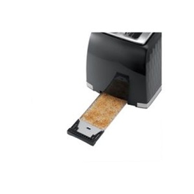 Russell Hobbs Honeycomb 2 Slice Toaster Black with crumb tray extended, showing toasted bread slice inside