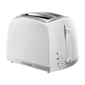 Russell Hobbs Honeycomb 2 Slice Toaster in white with embossed honeycomb texture, chrome accents, and side lever control
