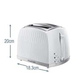 Russell Hobbs Honeycomb 2 Slice Toaster in white with textured body, shown with 20cm height and 18.3cm width dimensions