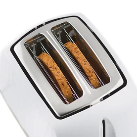 Russell Hobbs Honeycomb 2 Slice Toaster in white, shown toasting bread with stainless steel slots and wide opening visible.