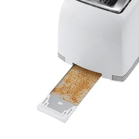 Russell Hobbs Honeycomb 2 Slice Toaster White with crumb tray pulled open, showing removable white crumb tray with breadcrumbs