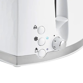 Russell Hobbs Honeycomb 2 Slice Toaster White, close-up of control panel showing defrost, reheat and cancel buttons with dial