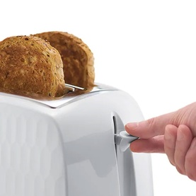 Russell Hobbs Honeycomb 2 Slice Toaster White with hand pressing the lever down and two slices of toast in the slots