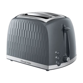 Russell Hobbs Honeycomb 2 Slice Toaster in grey with embossed honeycomb texture, chrome accents, and browning control dial.