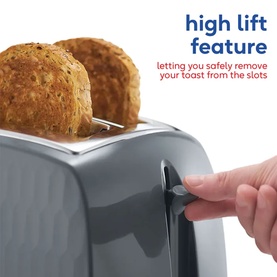 Russell Hobbs Honeycomb 2 Slice Toaster Grey with high lift feature highlighted, hand pressing lever to safely remove toast from slots