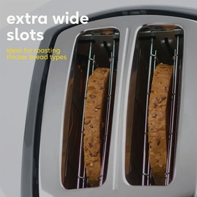 Russell Hobbs Honeycomb 2 Slice Toaster Grey showing extra-wide slots with thick bread slices inside, silver and grey finish