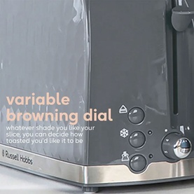 Russell Hobbs Honeycomb 2 Slice Toaster Grey, close-up of variable browning dial and control panel with stainless steel base
