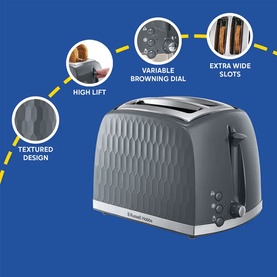 Russell Hobbs Honeycomb 2 Slice Toaster in grey, showing textured design, variable browning dial, high lift and extra wide slots features
