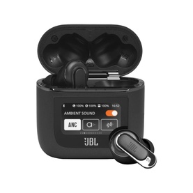 JBL Tour Pro 2 True Wireless Noise Cancelling Earbuds in black, shown with open charging case featuring smart display screen