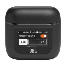 JBL Tour Pro 2 True Wireless Noise Cancelling Earbuds black charging case with smart LCD touchscreen display showing ANC controls