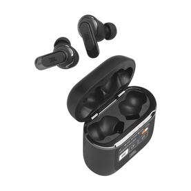 JBL Tour Pro 2 True Wireless Noise Cancelling Earbuds in black, shown with open charging case featuring display screen