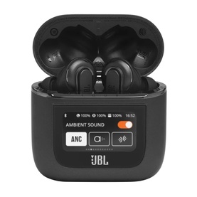 JBL Tour Pro 2 True Wireless Noise Cancelling Earbuds in black, shown in open charging case with touchscreen display