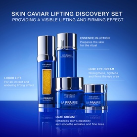 La Prairie Skin Caviar Lifting Discovery Set displayed on blue background, featuring Liquid Lift, Essence-in-Lotion, Luxe Eye Cream and Luxe Cream