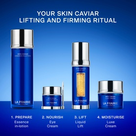 La Prairie Skin Caviar Lifting and Firming Ritual set of four: Essence In-Lotion, Eye Cream, Liquid Lift, and Luxe Cream in blue packaging