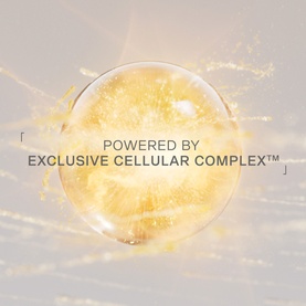Glowing golden sphere with text reading Powered by Exclusive Cellular Complex, representing a skincare active ingredient visual