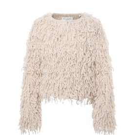 Marc O Polo Light Stone Melange shaggy knit cardigan in wool-alpaca blend with looped fringe texture and long sleeves