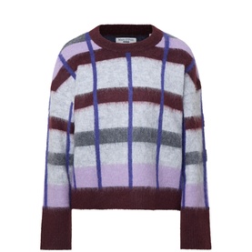 Marc O Polo dark purple check knit jumper with blue, lilac and grey stripes, crew neck, fluffy mohair-blend texture