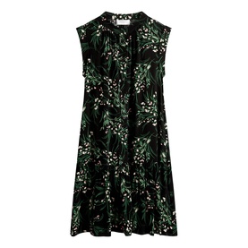 Hobbs navy multi floral print sleeveless mini dress with tie neck, tiered skirt, and green botanical leaf pattern on dark ground