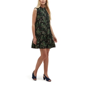 Model wearing Hobbs navy multi floral print sleeveless mini dress with high neck and tiered skirt, styled with blue heeled mules