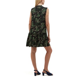 Model wearing Hobbs navy multi floral print sleeveless mini dress with tiered skirt, shown from behind, styled with navy heeled mules