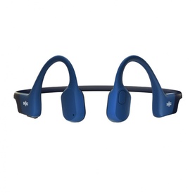 Shokz OpenMove Wireless Headphones in blue, open-ear bone conduction design with flexible neckband and ear hooks