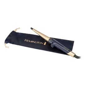 Remington black and gold conical hair curling wand with tapered barrel, shown with navy blue branded storage pouch