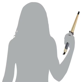 Curling wand with gold barrel and black handle, held by model silhouette, shown at an angle