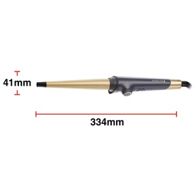Gold and black conical hair curling wand with 41mm barrel width and 334mm length dimensions shown