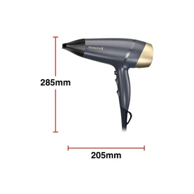 Remington Sapphire Luxe Hair Dryer in deep navy and champagne, shown with dimensions 285mm height and 205mm width.