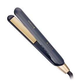 Remington hair straightener in midnight blue with gold ceramic plates and rose gold accents, shown on white background