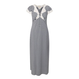 Rixo Beth Check Black maxi dress in monochrome check print with lace trim neckline and short cap sleeves