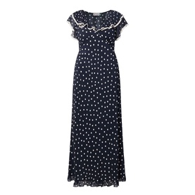 Rixo Bethea Dot Dress in Layla Dot Navy, midi length with ruffle V-neckline, embroidered lace trim and short sleeves, polka dot print