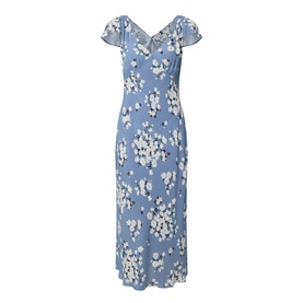 Rixo Cathy Floral Dress in Amelia Bouquet Blue, midi length with V-neckline, short flutter sleeves, empire waist, and white floral print on bias cut
