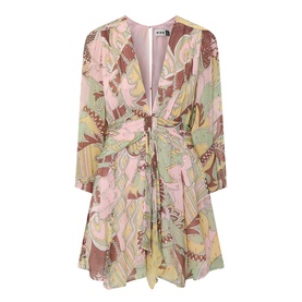 Rixo Clove Bianca Abstract Mini Dress in Bianca Abstract Green with plunge neckline, three-quarter sleeves, empire waist and draped details
