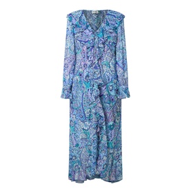 Rixo Bianca Abstract Blue silk midi dress with paisley print, V-neckline, ruffle trim, long sleeves and wrap silhouette
