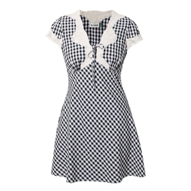 Rixo Lacie Check Dress in black gingham with lace-trimmed collar, tie-front V-neckline, short sleeves, and flared mini length.