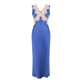 Rixo Lysandra Lace Dress in Iris Blue, sleeveless satin midi with V-neckline and cream lace trim at bust and straps