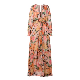 Rixo Chelsea Floral Black maxi dress with deep V-neckline, long sleeves, twist-knot waist detail, and flowing floral print skirt.