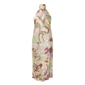 Rixo Maura Bianca Abstract Dress in Bianca Abstract Green, halterneck midi length with wide neckband and abstract floral print