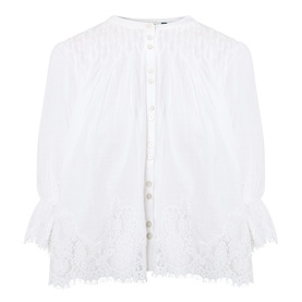 Rixo ivory cotton top with button placket, pintuck detail, three-quarter sleeves and scalloped lace hem trim