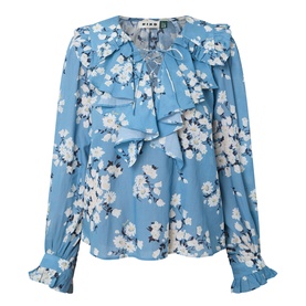 Rixo top in Amelia Bouquet Blue floral print with ruffle front, tie neck, long sleeves and frill cuffs