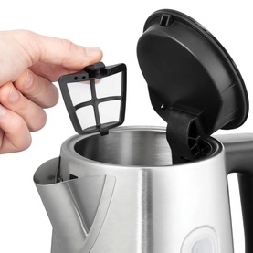 Russell Hobbs Classics Illuminated Kettle in silver, with removable mesh limescale filter being lifted from open lid